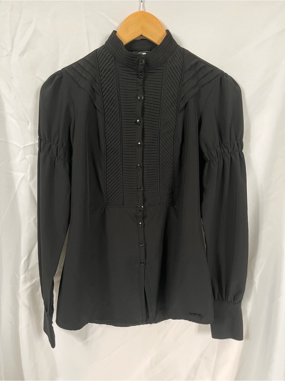 Black Pintuck High-Neck Button-Down Blouse
